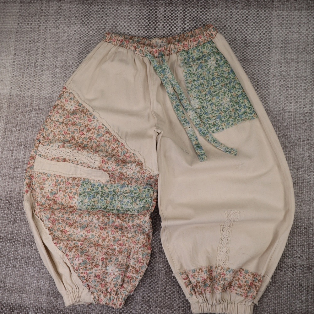 POL Patchwork Floral Quilted Harem Pants Cream Boho Balloon Leg Trousers Medium
